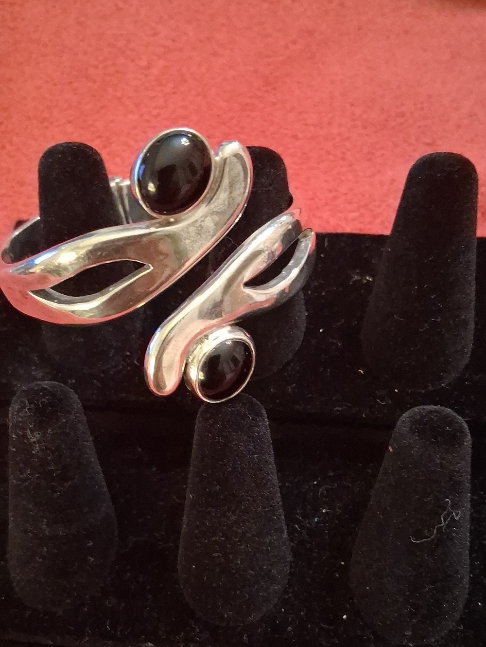 Signed Mexico 925 Sterling  Silver Cuff Bracelet with Two Black Onyx Stones